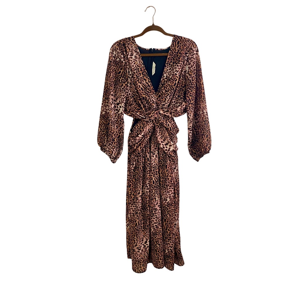 Ranna Gill Leopard Print Cutout Twist Waist Midi Dress Long Sleeve